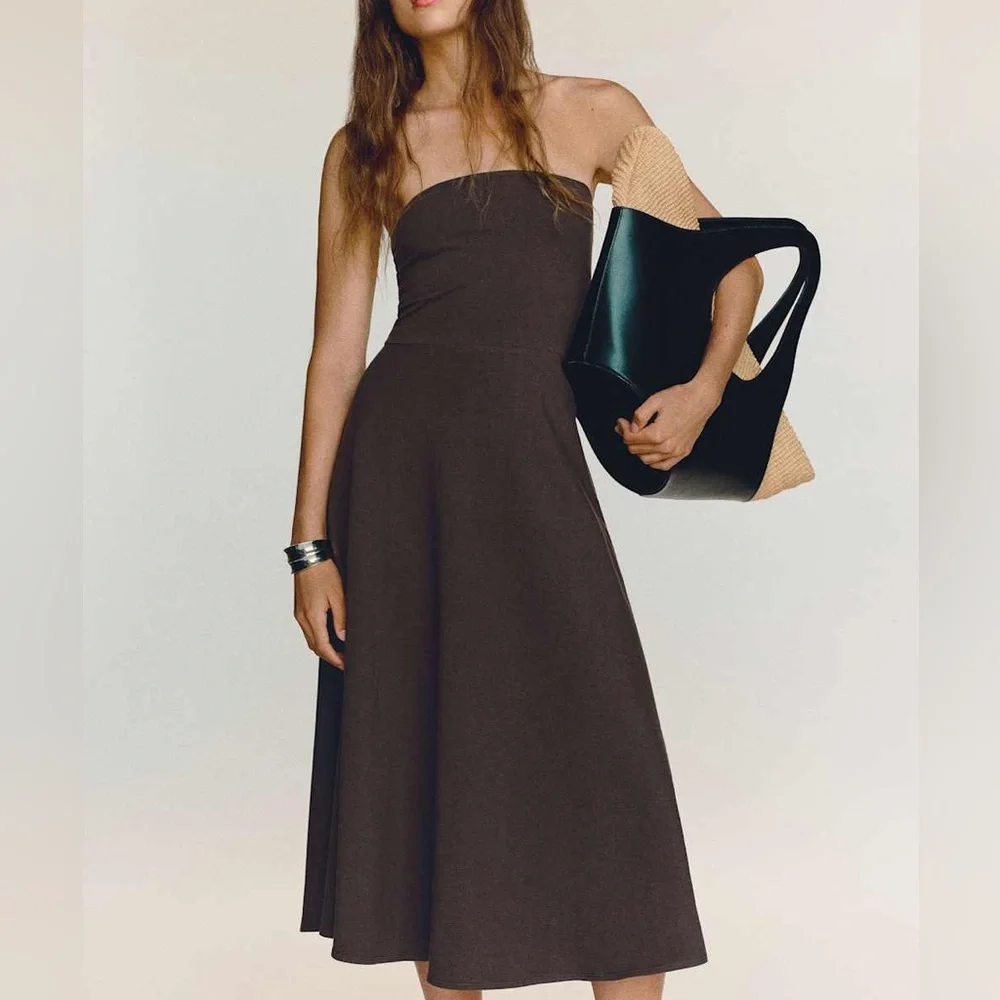 Reformation Lora Knit Strapless A-Line Midi Dress in Dark Brown *NEW* - Picture 2 of 5